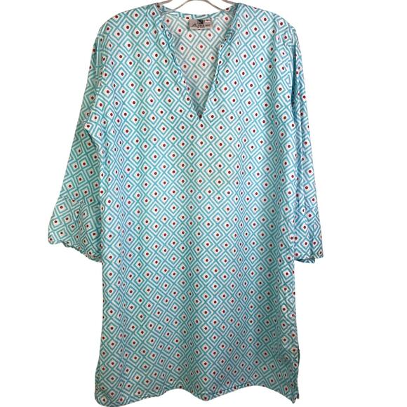 Malabar Bay Tunic Top Womens Size Large Blue V-Neck 3/4 Sleeve Geometric - Picture 1 of 5